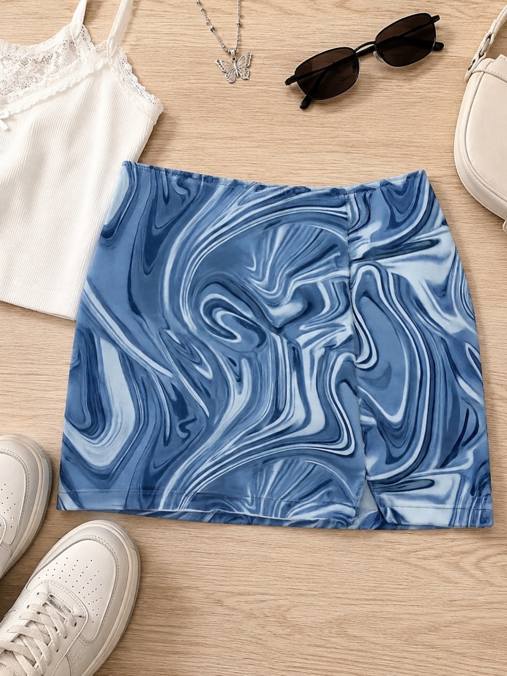 Wild Fable Blue Marble Swirl Print Mini Skirt Women Size 8 High Rise‎ Slit Denim